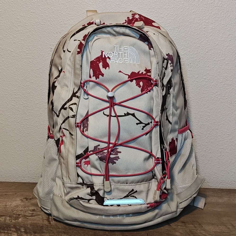 The North Face Jester Backpack Unisex OS Tan Red Leaf Print Bungee Outdoors